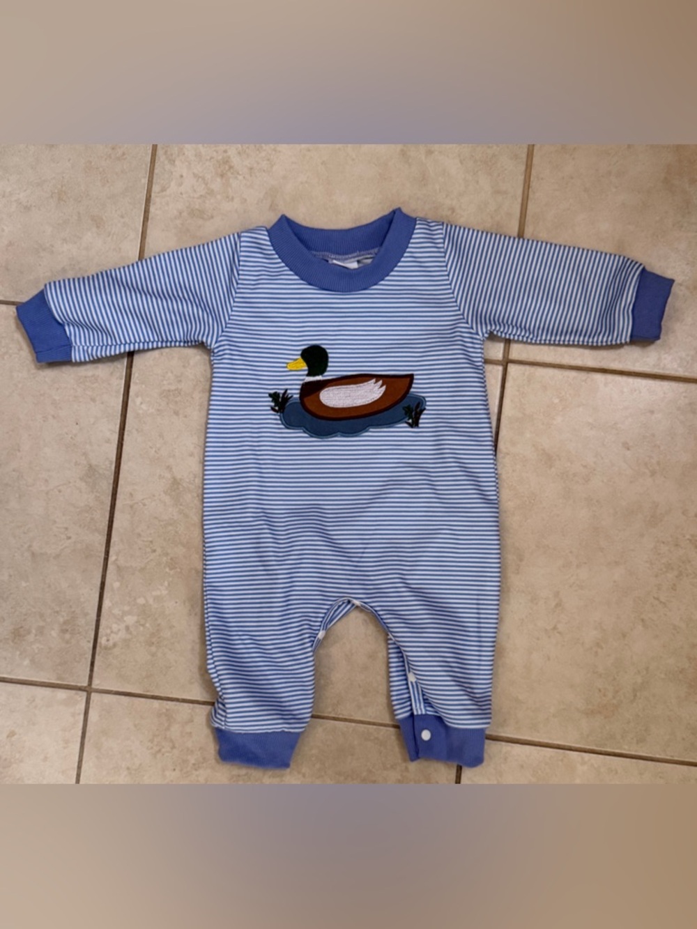 Boutique Blue Striped Duck Appliqué Footie - Kids One-Piece